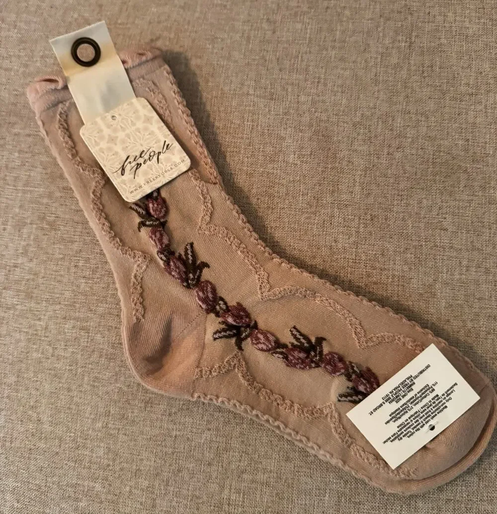 Free People Floral Embroidery Pink Socks NWT